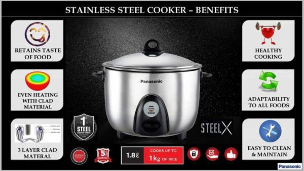 PANASONIC ELECTRIC RICE COOKER SR-G18 (SUS), 1.8 LITRE, WITH TRIPLY STEEL INNER CONTAINER - Image 2