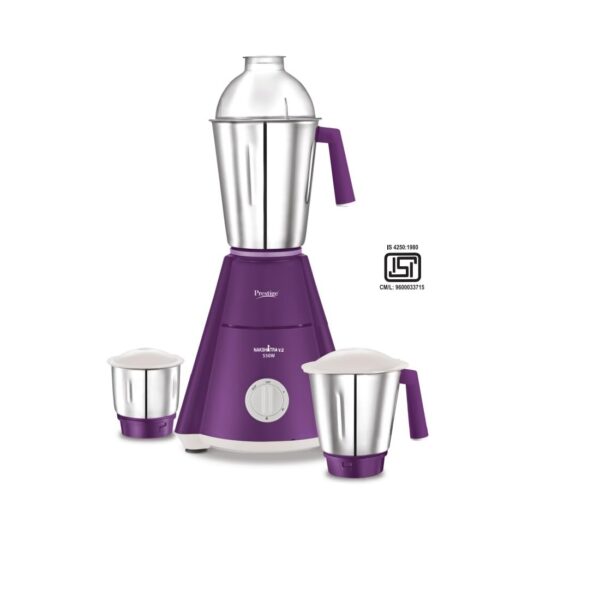 Prestige Nakshatra V2 550W Mixer Grinder with 3 Stainless Steel Jars(Purple, Dome Lid, Aluminium Jar Base) - Image 6