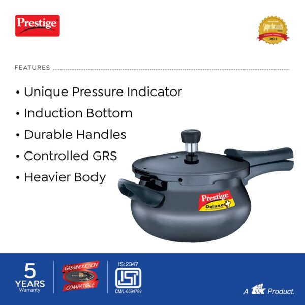 Prestige Deluxe Plus Hard Anodized Aluminium Junior Handi Pressure Cooker, 5 L Outer Lid Pressure Cooker - Black, 5 Liter - Image 3