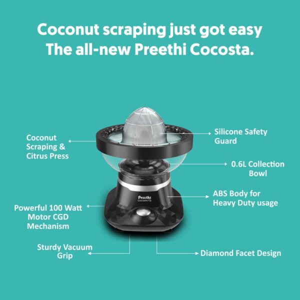 Preethi Cocosta Kp001 Coconut Scraper&Citrus Juicer,100% Safe Dual Protection Scraper With Safety Switch&Silicon Cap - Image 4