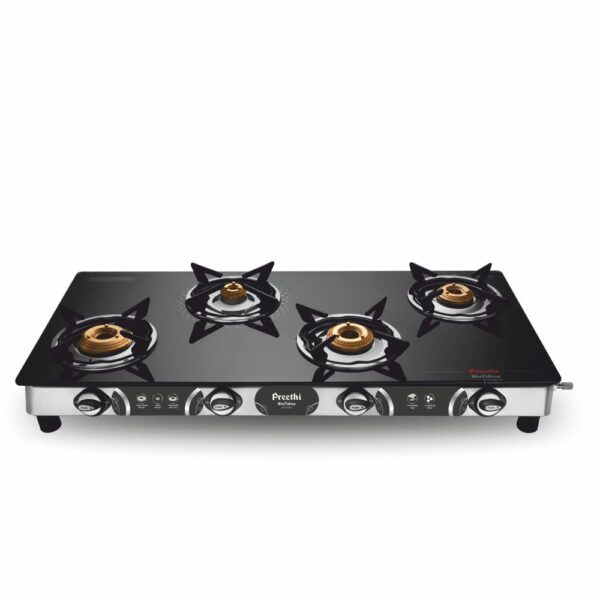 Preethi Blu-Flame Stainless Steel Jumbo Max Glass Top LPG Gas Stove with 4 Burner