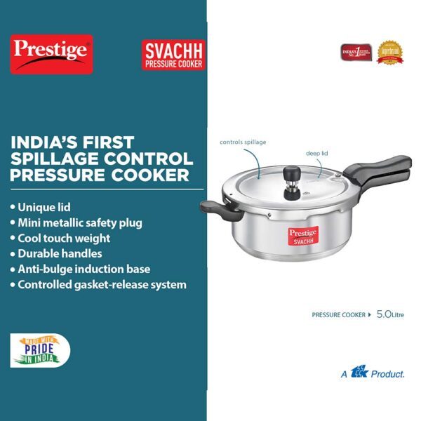 Prestige Svachh Aluminium Senior Deep Pan Outer Lid Pressure Cooker, 5L, Silver - Image 3