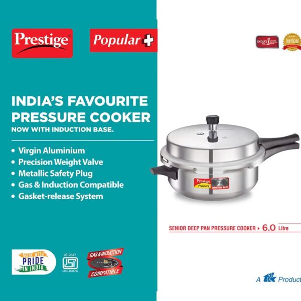 Prestige Popular Plus Induction Base Senior Deep Pan, 6 Liters, Silver, Aluminium, Outer Lid - Image 3