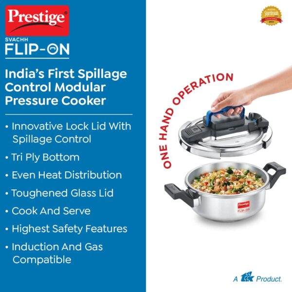 Prestige 3L Svachh FLIP-ON Stainless Steel Pressure Cooker with glass lid|Innovative lock lid with spillage control|Gas & Induction compatible - Image 3