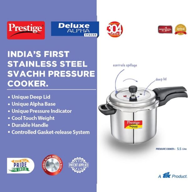 Prestige 5.5 Litres Svachh Deluxe Alpha Induction Base Outer Lid Stainless Steel Pressure Cooker | Deep lid controls spillage |Silver | Anti-Bulge Base | Sturdy Handles | Pressure Indicator - Image 3