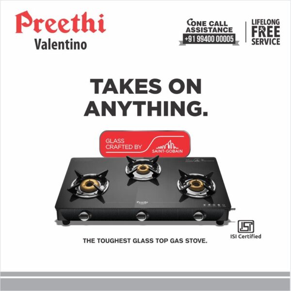 Preethi Valentino Glass top 3 Burner Gas Stove, Manual Ignition, Black - Image 2