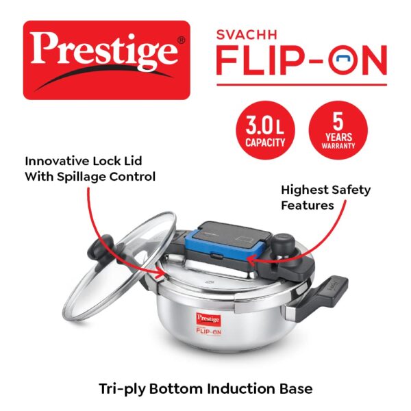 Prestige 3L Svachh FLIP-ON Stainless Steel Pressure Cooker with glass lid|Innovative lock lid with spillage control|Gas & Induction compatible - Image 2