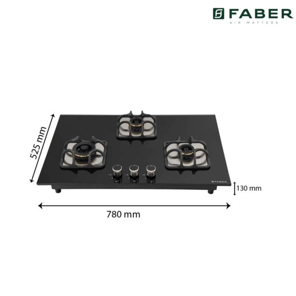 Faber Mild Steel Hobtop Imperia Plus 783 BRB Ci Bk 3 Brass Burner Auto Electric Ignition Glass Top (Black) - Image 3