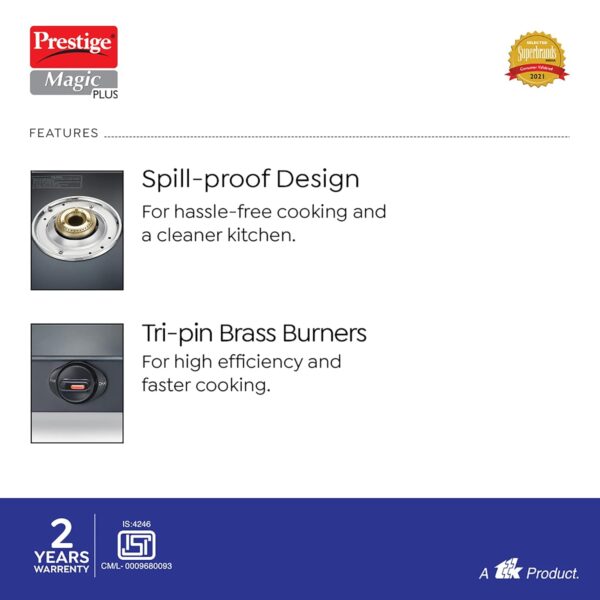 Prestige Magic plus Toughened Glass-Top 3 Brass Burner LPG Gas Stove(GTMP-03) | Black Spill Proof Design | Ergonomic Knob | Tri-Pin Burner - Image 4