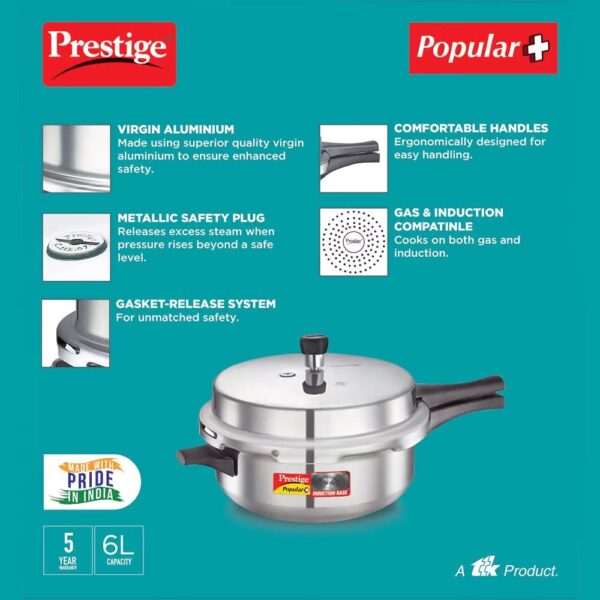 Prestige Popular Plus Induction Base Senior Deep Pan, 6 Liters, Silver, Aluminium, Outer Lid - Image 4