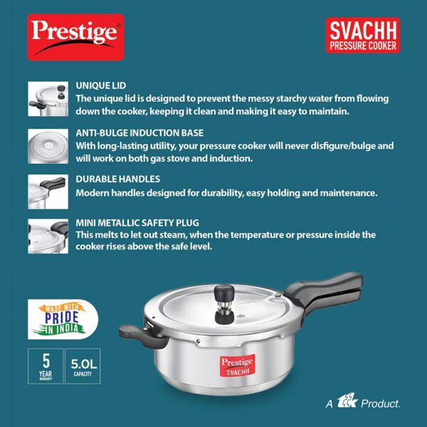 Prestige Svachh Aluminium Senior Deep Pan Outer Lid Pressure Cooker, 5L, Silver - Image 4