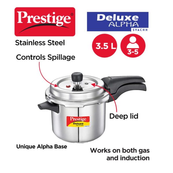 Prestige Svachh Deluxe Alpha Induction Base Outer Lid Stainless Steel Pressure Cooker | Deep Lid controls spillage | 3.5 Litres | Silver | Pressure Indicator | Straight Wall | Gasket-Release System - Image 2