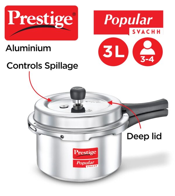 Prestige Popular Svachh Virgin Aluminium Spillage Control Outer Lid Pressure Cooker, 3 L (Silver) - Image 2