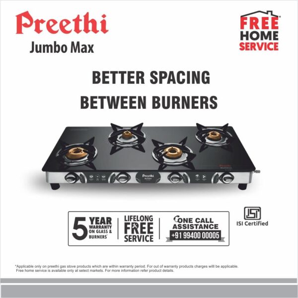 Preethi Blu-Flame Stainless Steel Jumbo Max Glass Top LPG Gas Stove with 4 Burner - Image 4