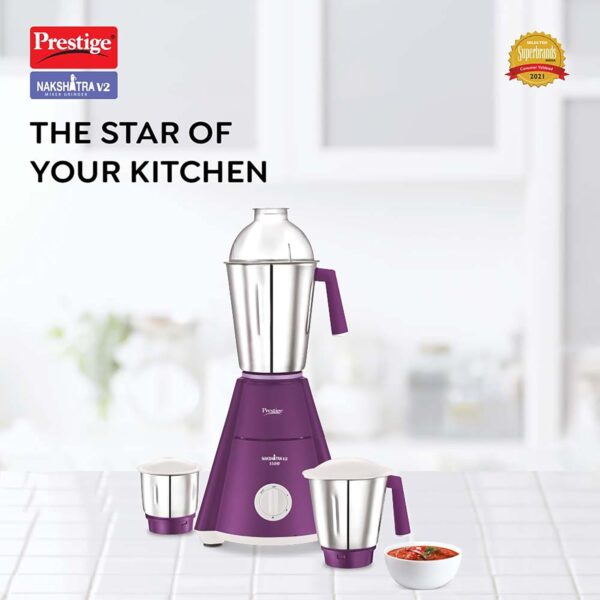 Prestige Nakshatra V2 550W Mixer Grinder with 3 Stainless Steel Jars(Purple, Dome Lid, Aluminium Jar Base) - Image 2