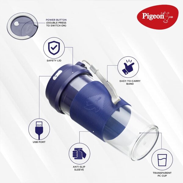 Pigeon Blendo USB Rechargeable Personal Blender for Smoothies, Shakes with Juicer Cup Jar, 330 ml, Blue, Medium - Image 2