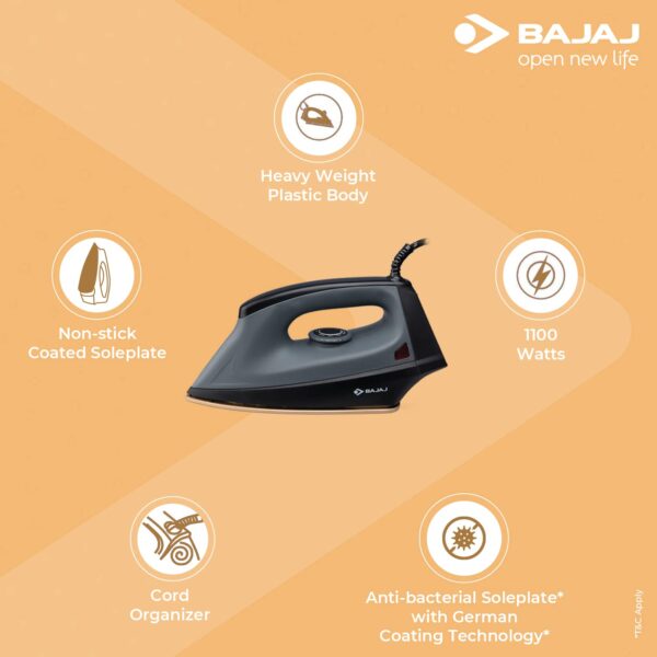 Bajaj Plastic Herculo 1100 Watts Dry Iron, Black & Grey - Image 5