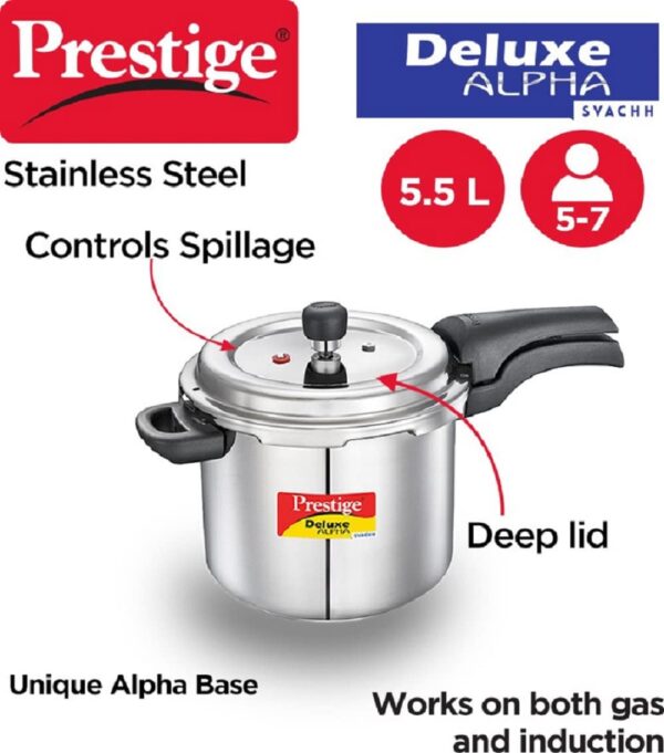 Prestige 5.5 Litres Svachh Deluxe Alpha Induction Base Outer Lid Stainless Steel Pressure Cooker | Deep lid controls spillage |Silver | Anti-Bulge Base | Sturdy Handles | Pressure Indicator - Image 2