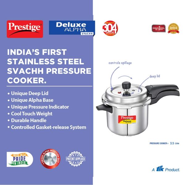 Prestige Svachh Deluxe Alpha Induction Base Outer Lid Stainless Steel Pressure Cooker | Deep Lid controls spillage | 3.5 Litres | Silver | Pressure Indicator | Straight Wall | Gasket-Release System - Image 3