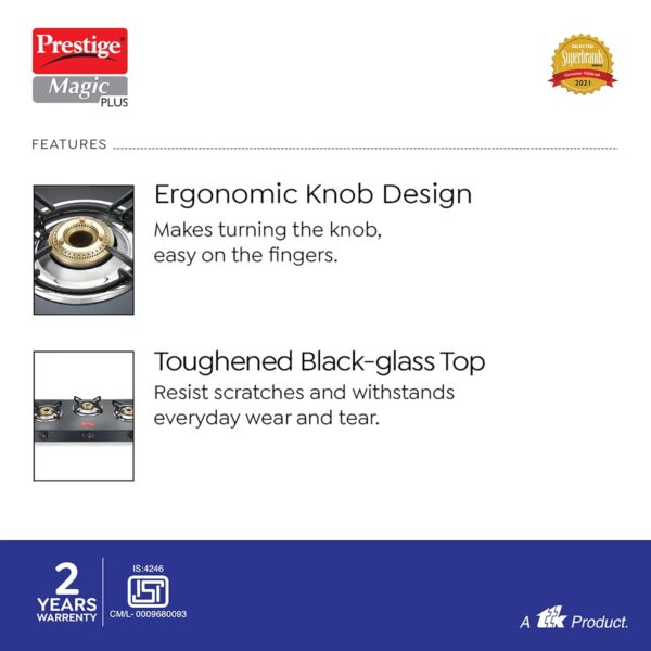 Prestige Magic plus Toughened Glass-Top 3 Brass Burner LPG Gas Stove(GTMP-03) | Black Spill Proof Design | Ergonomic Knob | Tri-Pin Burner - Image 5