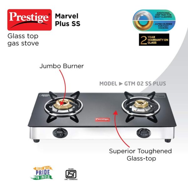 Prestige Marvel Plus Stainless Steel 2 Brass Burner Manual Glass Top Gas Stove - Image 2