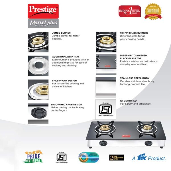 Prestige Marvel Plus Stainless Steel 2 Brass Burner Manual Glass Top Gas Stove - Image 4