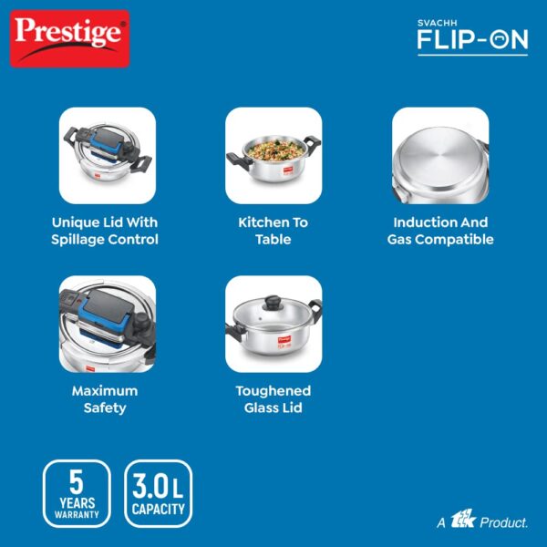 Prestige 3L Svachh FLIP-ON Stainless Steel Pressure Cooker with glass lid|Innovative lock lid with spillage control|Gas & Induction compatible - Image 4