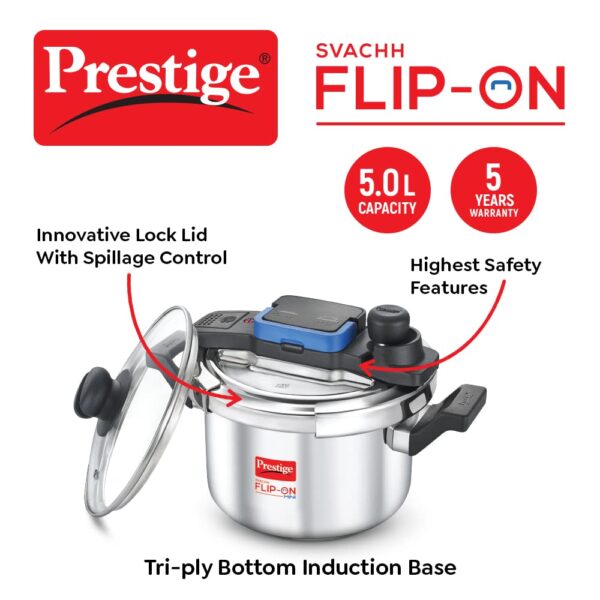 Prestige 5L Svachh FLIP-ON Stainless Steel Tri-ply bottom Pressure Cooker with glass lid|Innovative lock lid with spillage control|Gas & Induction compatible - Image 2