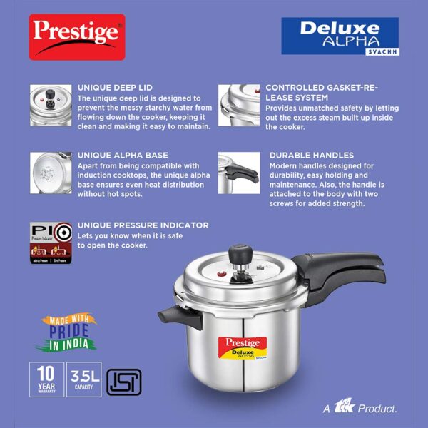 Prestige Svachh Deluxe Alpha Induction Base Outer Lid Stainless Steel Pressure Cooker | Deep Lid controls spillage | 3.5 Litres | Silver | Pressure Indicator | Straight Wall | Gasket-Release System - Image 4