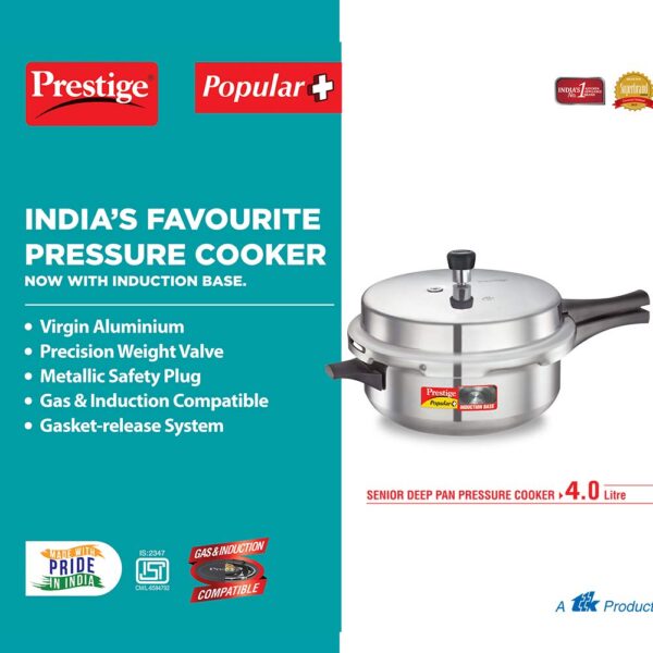 Prestige Popular Plus Induction Base Junior Deep Pan, Aluminium Outer Lid Pressure cooker, 4.1 litres, Silver - Image 3