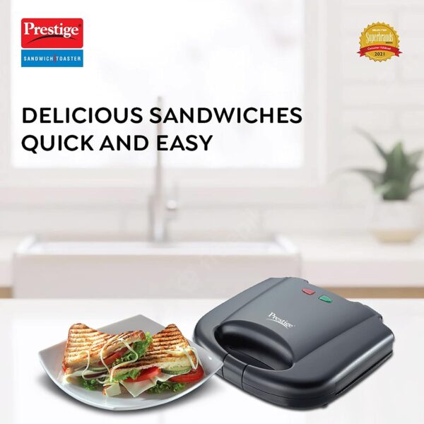 Prestige PGMFB 800 Watt Grill Sandwich Toaster with Fixed Grill Plates, Black - Image 2