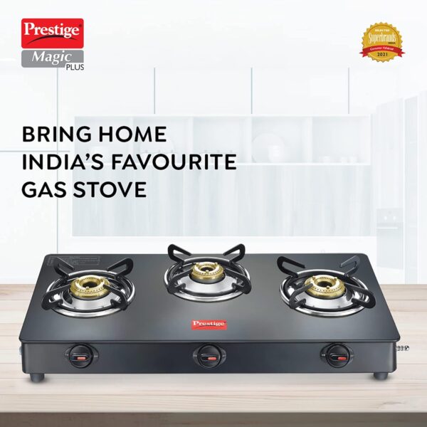 Prestige Magic plus Toughened Glass-Top 3 Brass Burner LPG Gas Stove(GTMP-03) | Black Spill Proof Design | Ergonomic Knob | Tri-Pin Burner - Image 2