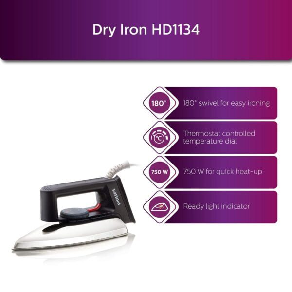 Philips Dry Iron HD1134/28 with 750 Watts Power, linished Soleplate and Temperature Ready Light - Image 2