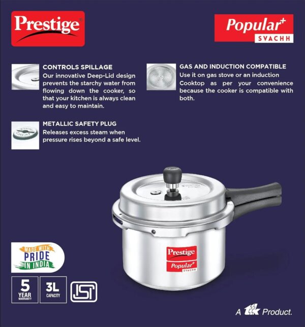 Prestige Popular Plus Svachh Virgin Aluminium Gas and Induction Compatible Outer Lid Pressure Cooker, 3 L (Silver) - Image 3