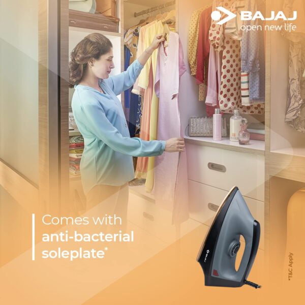 Bajaj Plastic Herculo 1100 Watts Dry Iron, Black & Grey - Image 2