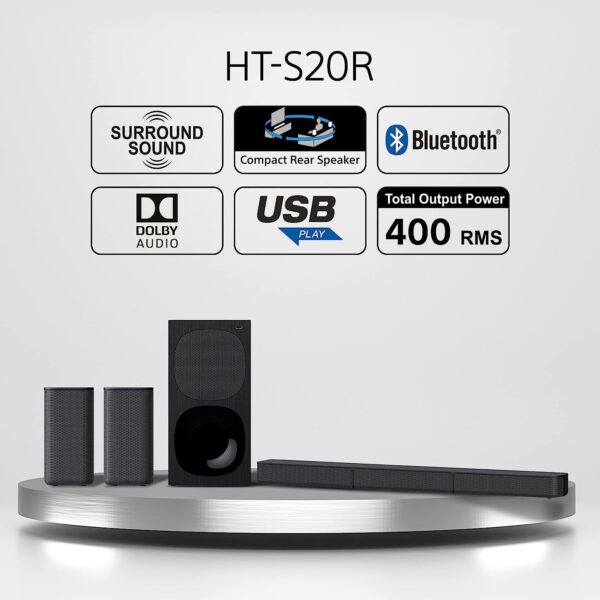 Sony HT-S20R Real 5.1ch Dolby Digital Soundbar for TV with subwoofer and Compact Rear Speakers, 5.1ch Home Theatre System (400W,Bluetooth & USB Connectivity, HDMI & Optical connectivity) - Image 6