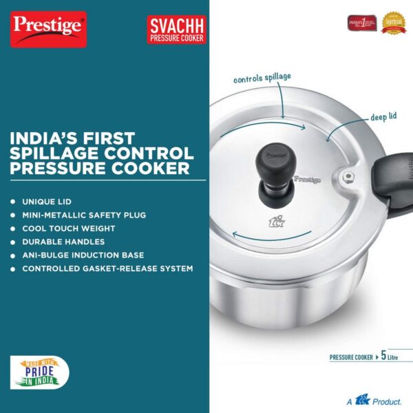 Prestige Svachh Aluminium Outer Lid Pressure Cooker, With Spillage Control, 5L, Silver - Image 3