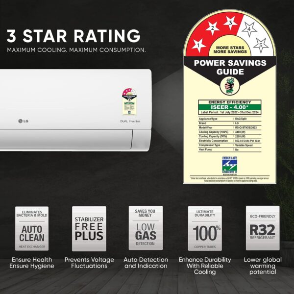 LG 1.5 Ton 3 Star DUAL Inverter Split AC (Copper, Super Convertible 5-in-1 Cooling, HD Filter with Anti-Virus Protection, 2023 Model - Image 3