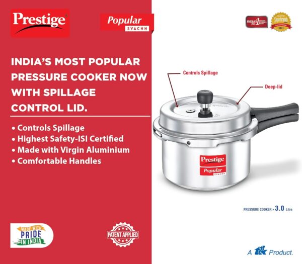 Prestige Popular Svachh Virgin Aluminium Spillage Control Outer Lid Pressure Cooker, 3 L (Silver) - Image 3