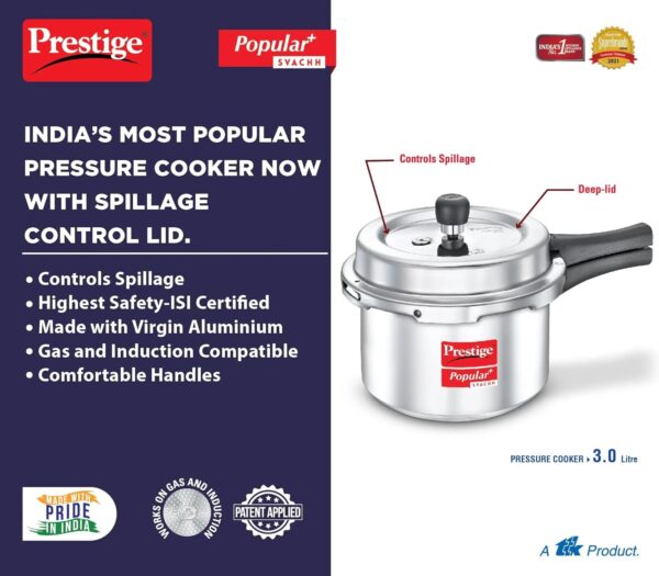 Prestige Popular Plus Svachh Virgin Aluminium Gas and Induction Compatible Outer Lid Pressure Cooker, 3 L (Silver) - Image 2