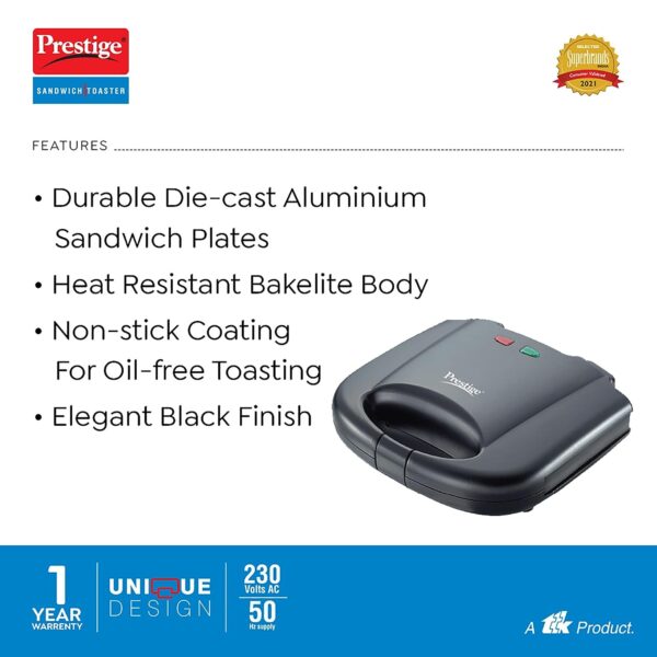 Prestige PGMFB 800 Watt Grill Sandwich Toaster with Fixed Grill Plates, Black - Image 3