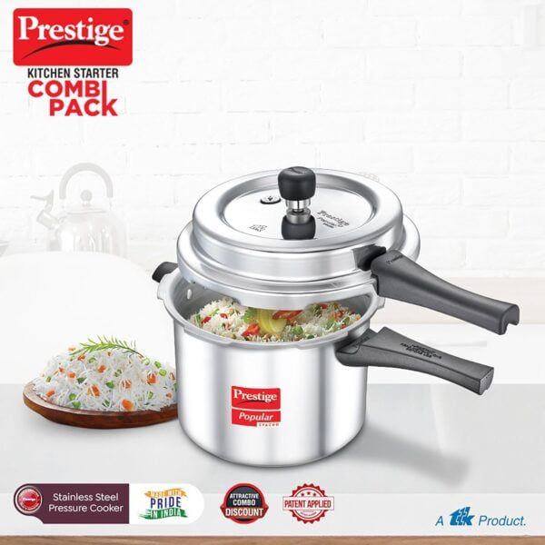 Prestige Popular Svachh Combi Pack Aluminium Pressure Cooker 5L And 3L(Silver, Controls Spillage - Image 2