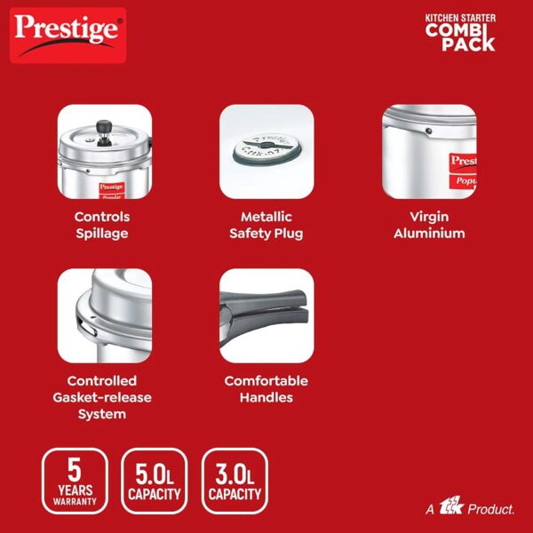 Prestige Popular Svachh Combi Pack Aluminium Pressure Cooker 5L And 3L(Silver, Controls Spillage - Image 4