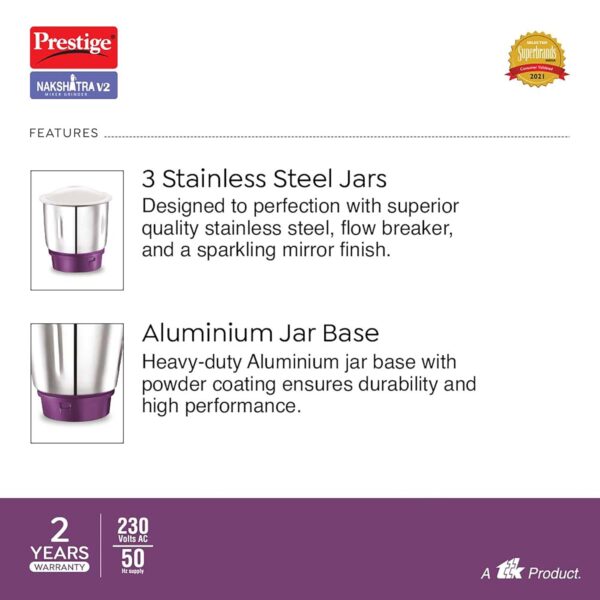 Prestige Nakshatra V2 550W Mixer Grinder with 3 Stainless Steel Jars(Purple, Dome Lid, Aluminium Jar Base) - Image 5