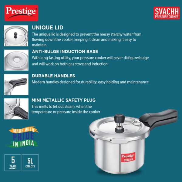 Prestige Svachh Aluminium Outer Lid Pressure Cooker, With Spillage Control, 5L, Silver - Image 4