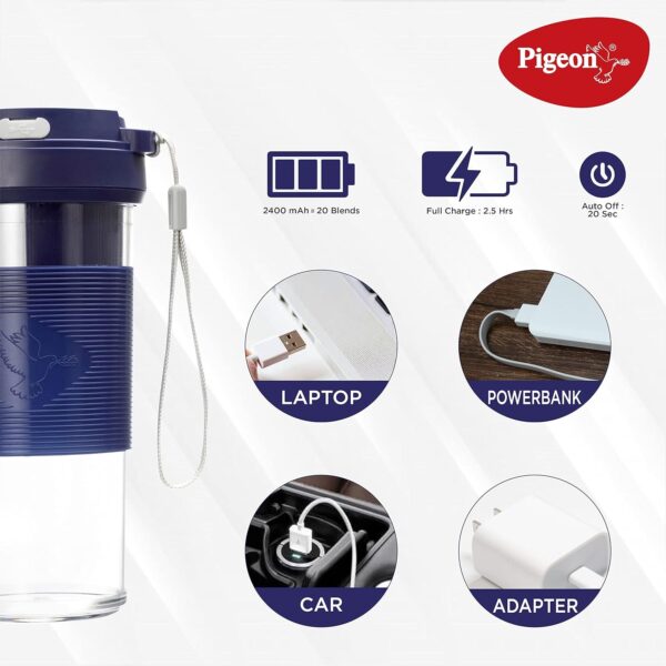 Pigeon Blendo USB Rechargeable Personal Blender for Smoothies, Shakes with Juicer Cup Jar, 330 ml, Blue, Medium - Image 6