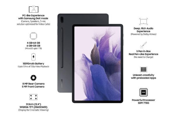 Samsung Galaxy Tab S7 FE 31.5 cm (12.4 inch) Large Display, S-Pen in Box, Slim Metal Body, Dolby Atmos Sound, RAM 4 GB, ROM 64 GB Expandable, Wi-Fi Tablet, Mystic Black - Image 3