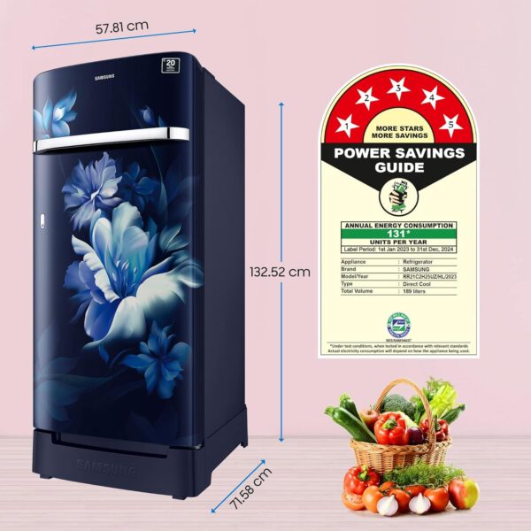 Samsung 189L 5 Star, Inverter, Direct-Cool Single Door Refrigerator (RR21C2H25UZ/HL,Midnight Blossom Blue) Base Stand Drawer, 2023 Model - Image 5