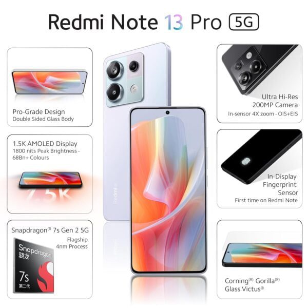 Redmi Note 13 Pro (Coral Purple, 8GB RAM, 256GB Storage) | 1.5K AMOLED | 200MP Hi-Res Camera | Flagship 4nm SD 7s Gen 2 | 67W TurboCharge - Image 2