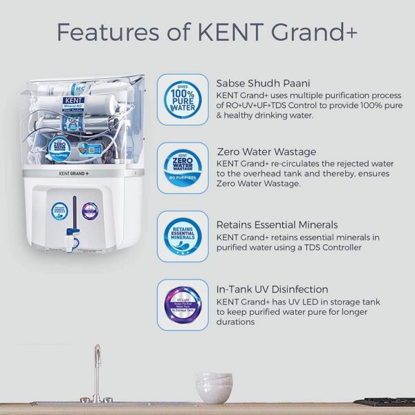 KENT Grand+ ZWW 9 LTR Mineral RO+UV+UF+TDS Control + UV in Tank ( KENTWP-GRANDPLUS , White ) - Image 2